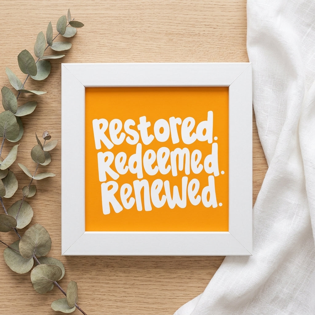 Restored Redeemed Renewed Christian Mini Frame | Christian Desk Decor | 4x4 Inch White Desk Decor