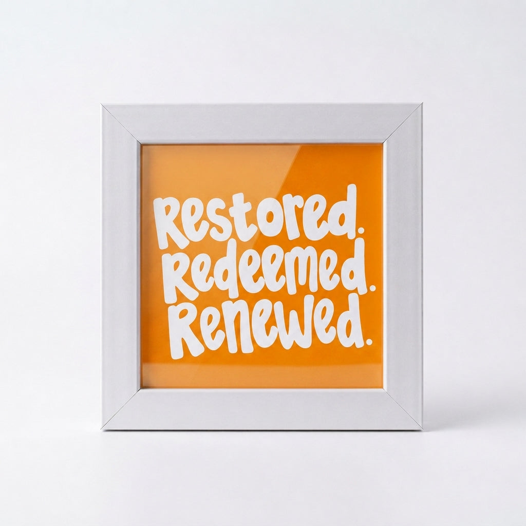 Restored Redeemed Renewed Christian Mini Frame | Christian Desk Decor | 4x4 Inch White Desk Decor