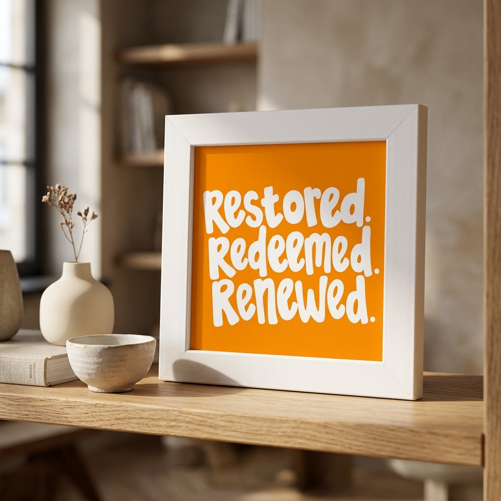 Restored Redeemed Renewed Christian Mini Frame | Christian Desk Decor | 4x4 Inch White Desk Decor