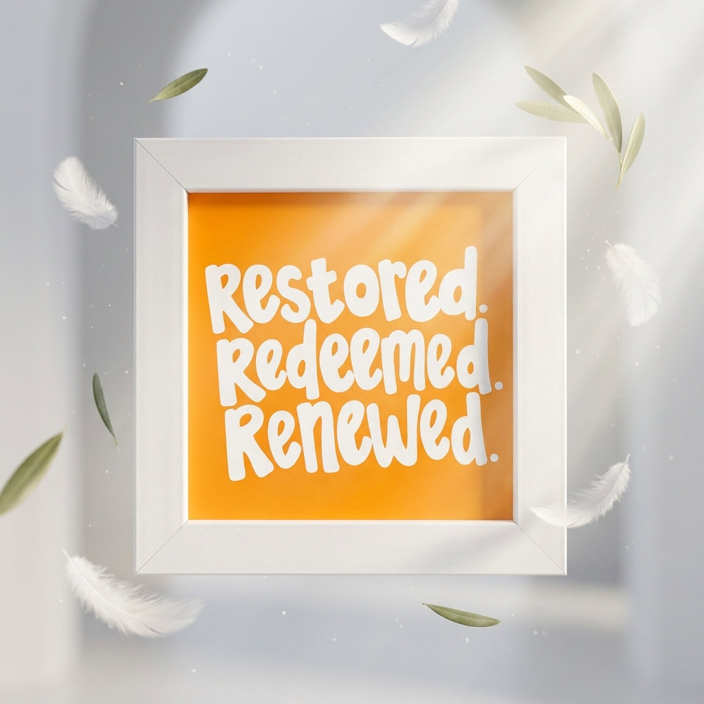 Restored Redeemed Renewed Christian Mini Frame | Christian Desk Decor | 4x4 Inch White Desk Decor